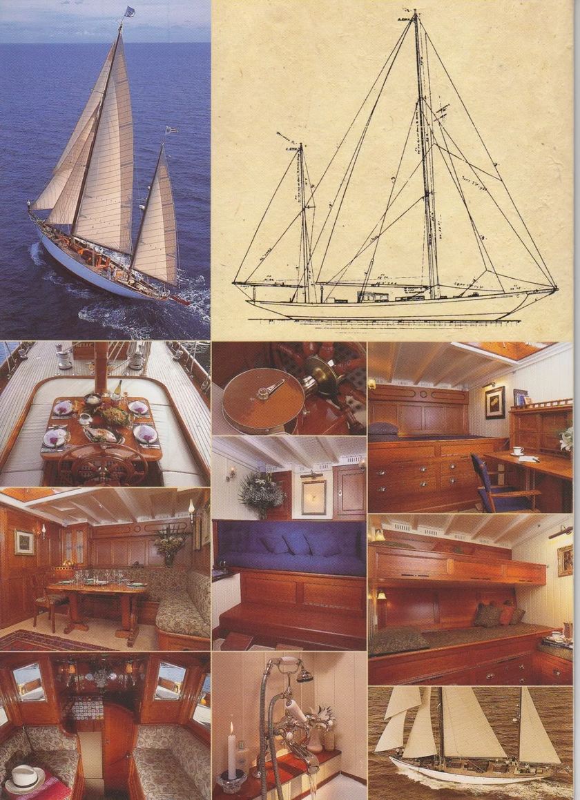 Plan de voilure et intérieurs de Belle Aventure dans la brochure d'époque