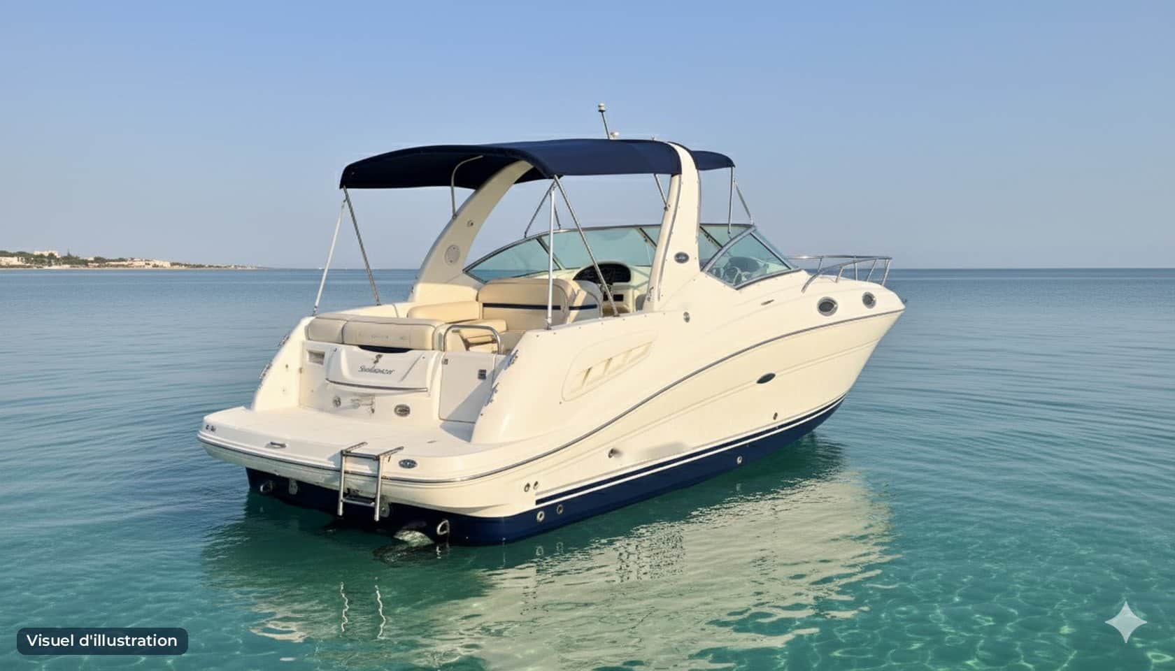 Sea Ray 275 Sundancer vu de trois quarts arrière, plateforme de bain (visuel d'illustration)